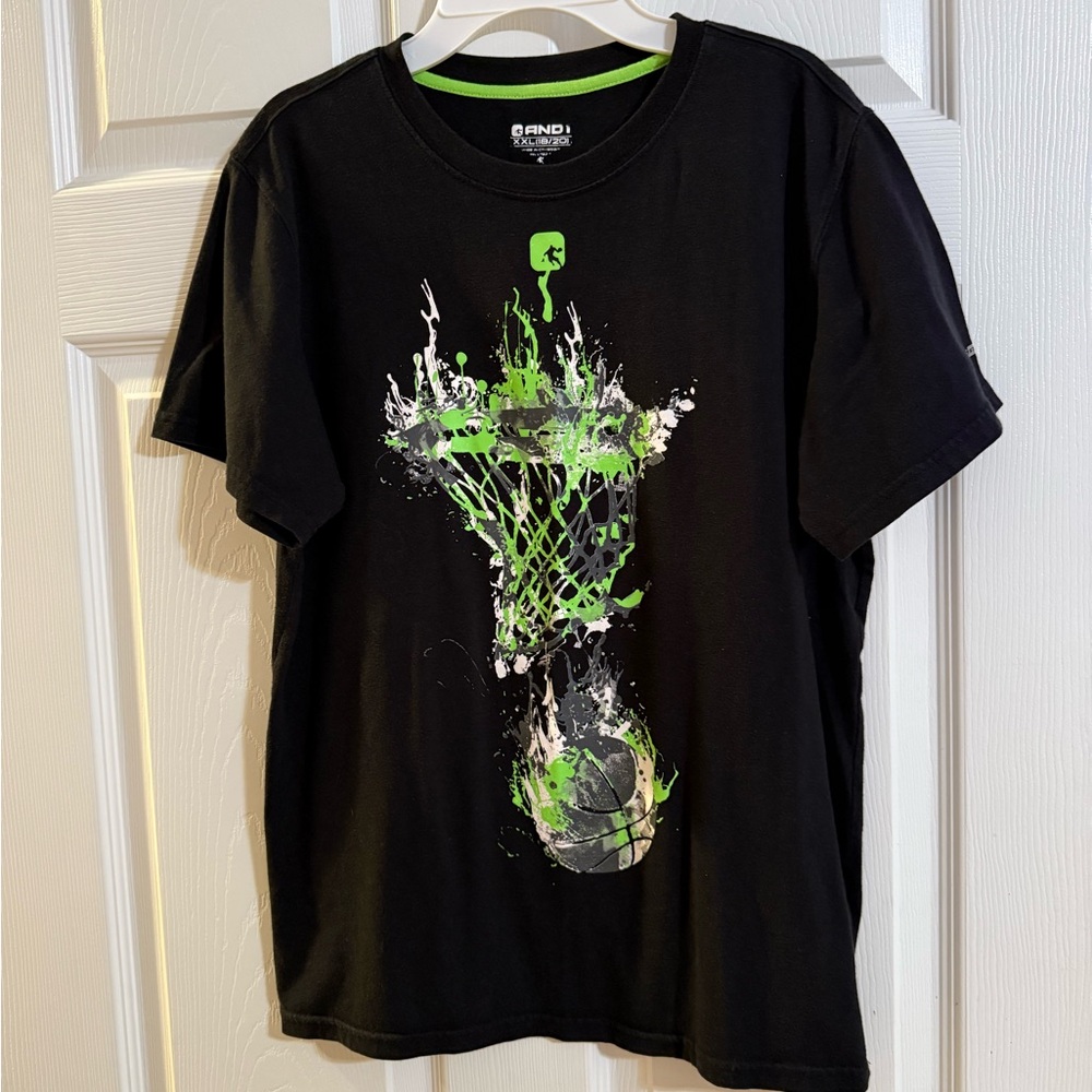 AND1 Kids Black Tee with Green Basketball Graphic